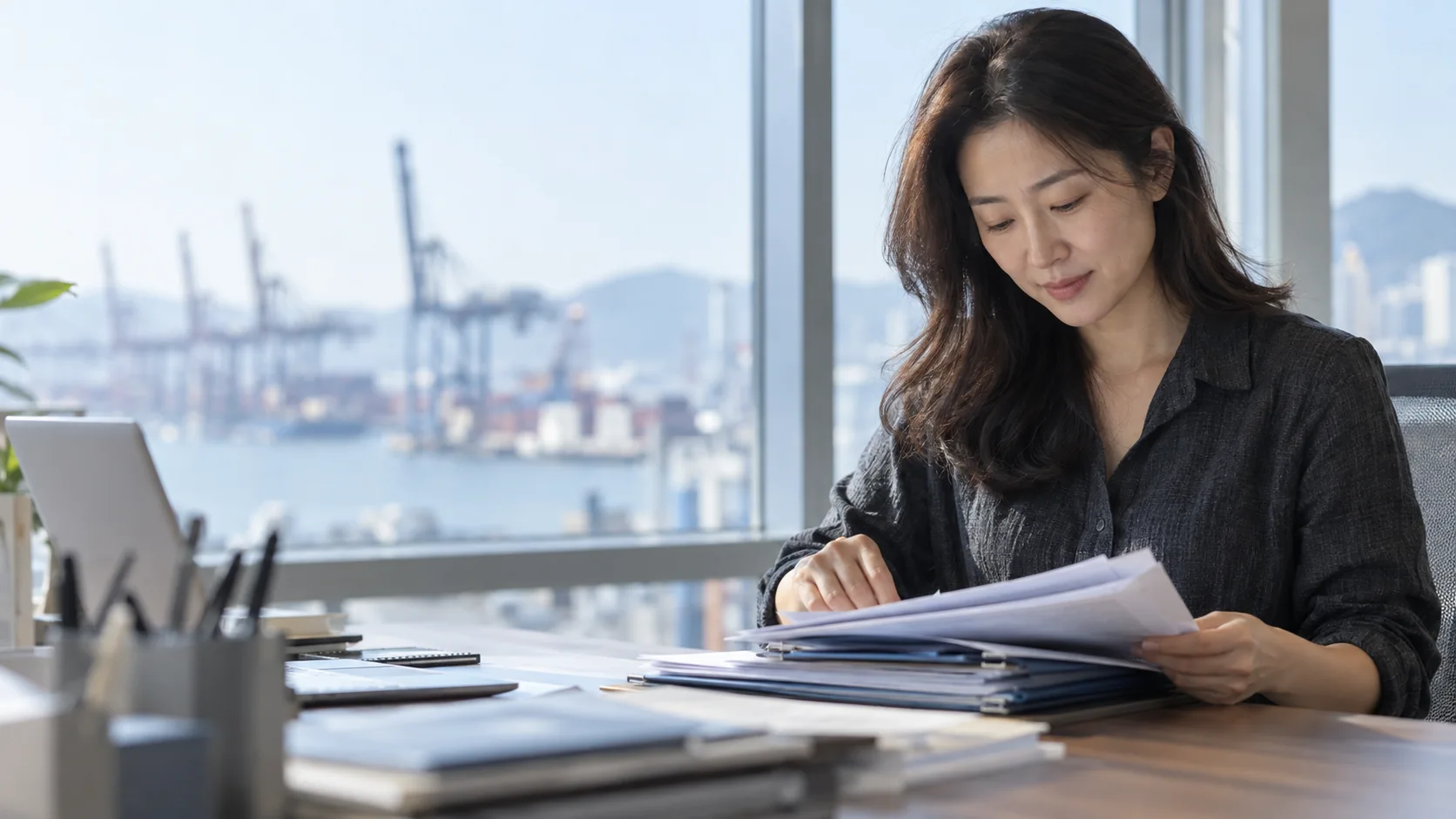 Illustrative Korean trade consultant reviewing export documents near a port