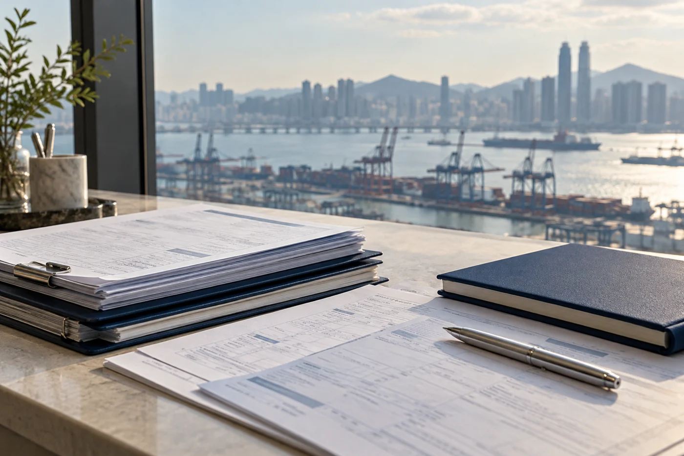 Illustrative export documentation and a pen on a desk overlooking a Korean port